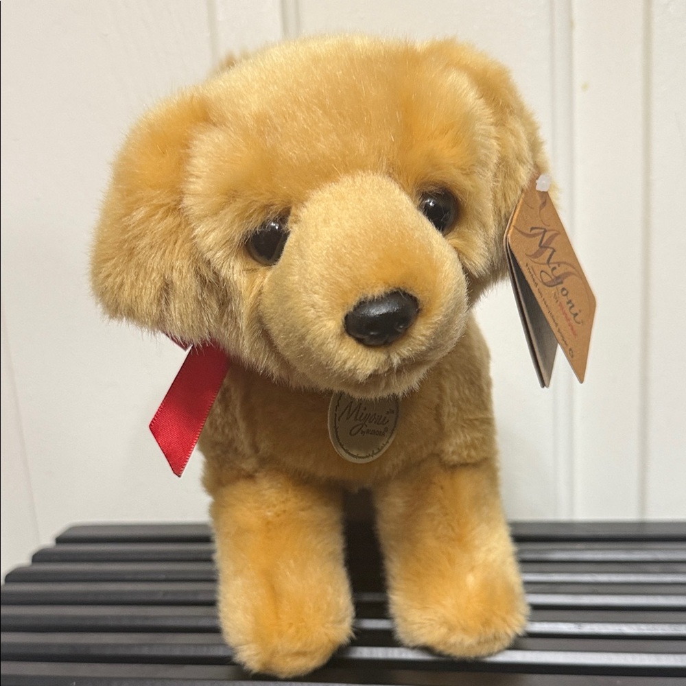 Golden Plush Puppy with Red Ribbon